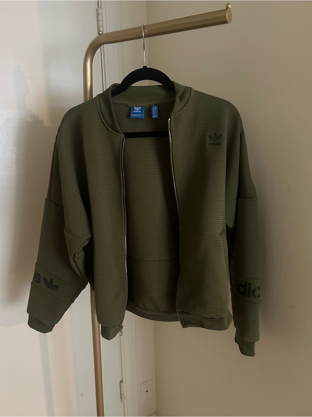 Adidas Originals Olive Green Cropped Bomber Jacket Zip Up Oversized | Size M